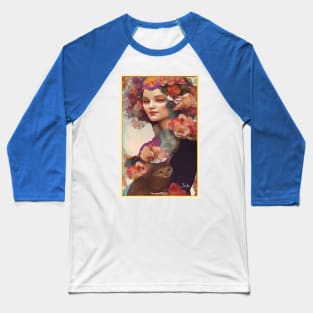 Floral art of painting of girl with cat flowers and roses Baseball T-Shirt